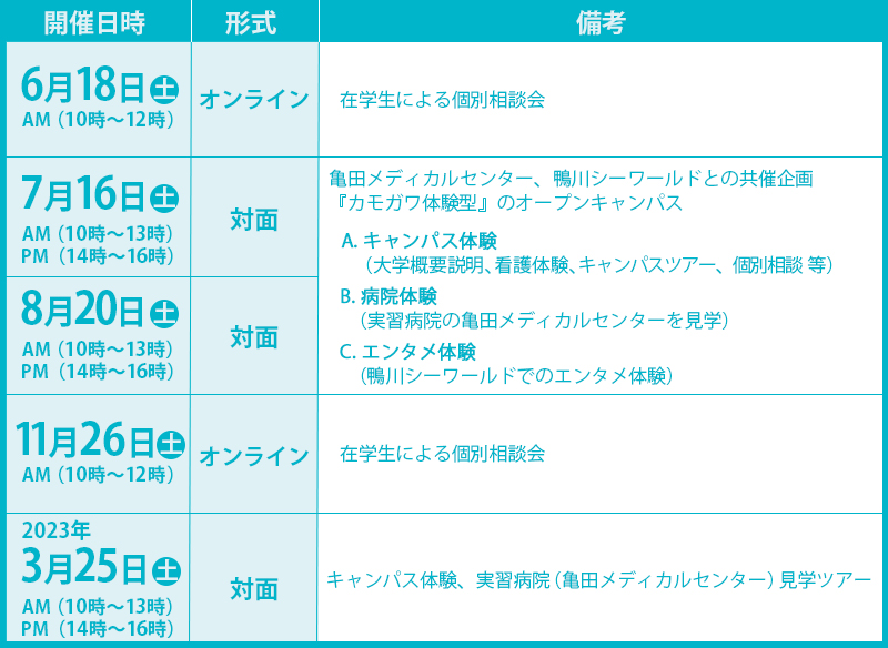 オープンキャンパス日程表